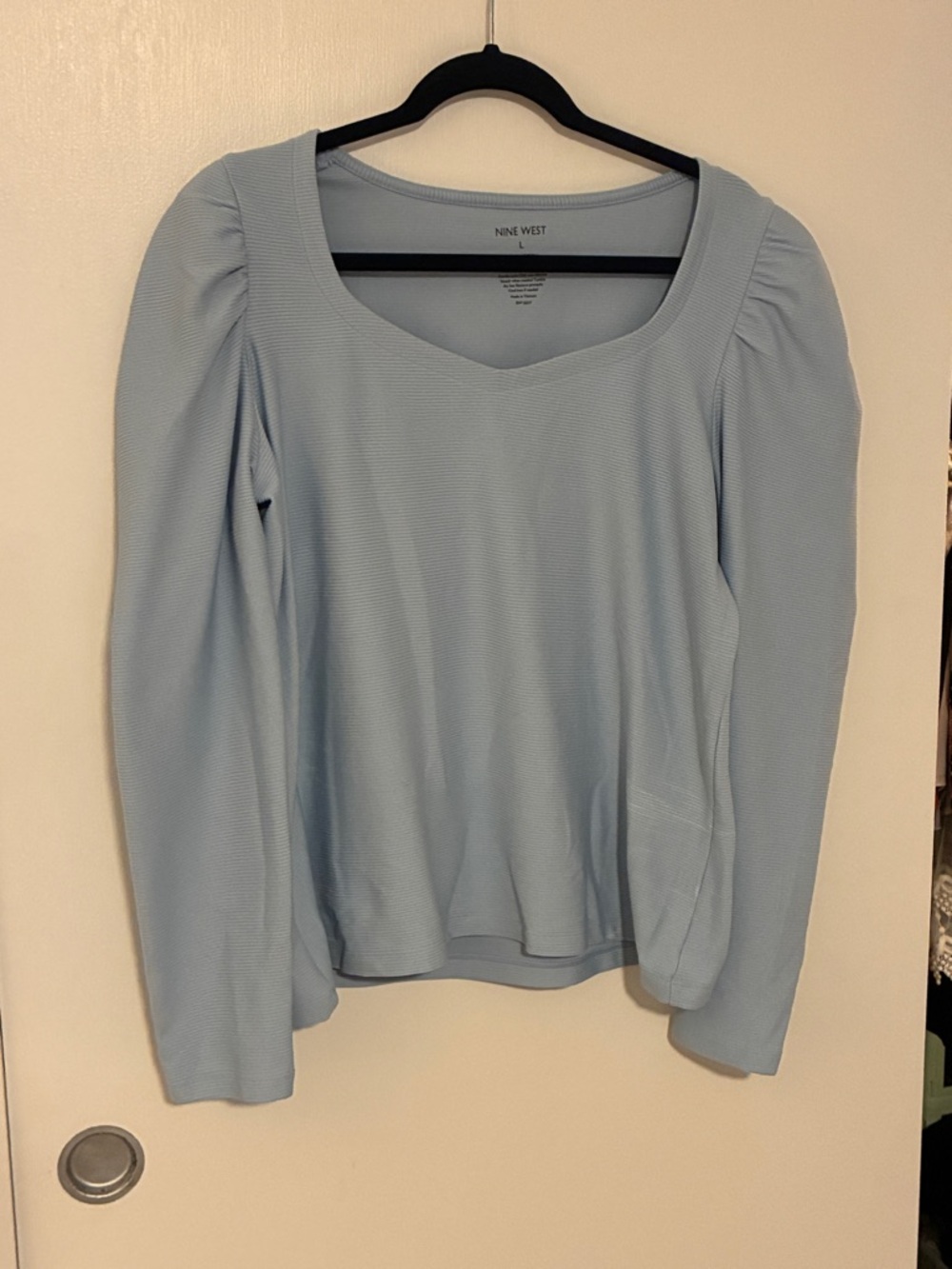 Nine West Powder Blue Long Sleeve Scoop-Neck Top